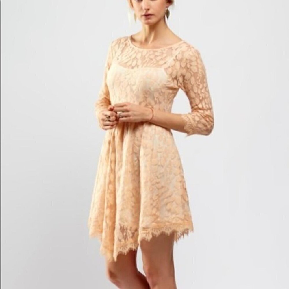 Free People Cream Floral Mesh 3/4 Sleeve Lace Dress with Built-in Slip Size 8